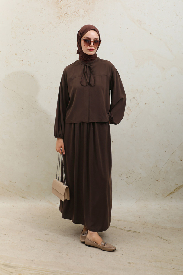Yakası Bağcıklı Gömlek Etek Takım Acı Kahve - 7
