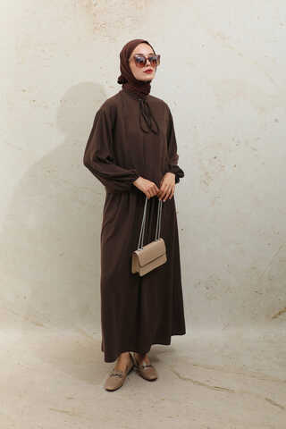 Yakası Bağcıklı Gömlek Etek Takım Acı Kahve - 6
