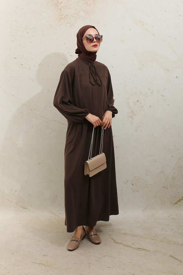 Yakası Bağcıklı Gömlek Etek Takım Acı Kahve - 6