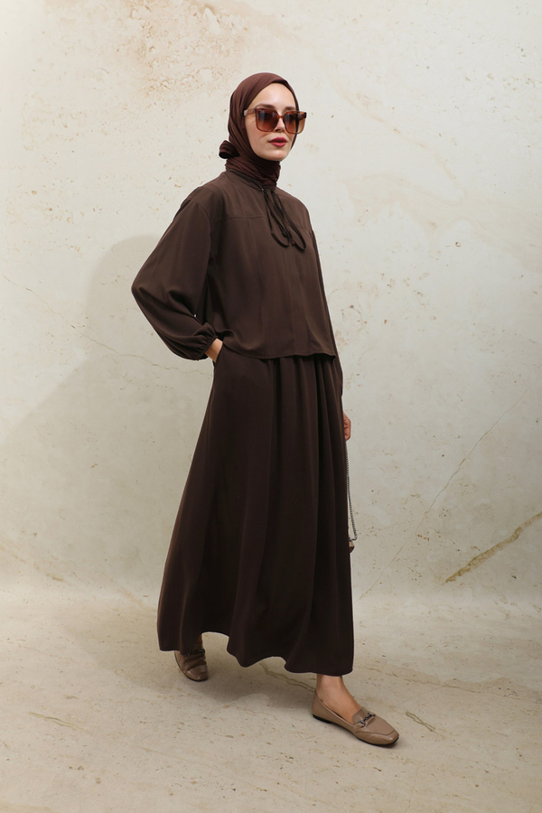 Yakası Bağcıklı Gömlek Etek Takım Acı Kahve - 8