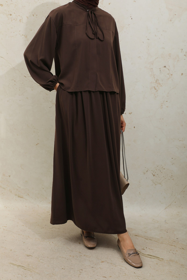 Yakası Bağcıklı Gömlek Etek Takım Acı Kahve - 5