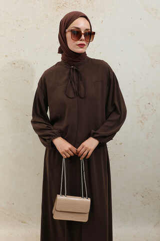 Yakası Bağcıklı Gömlek Etek Takım Acı Kahve - 9