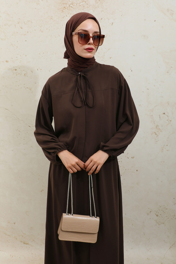 Yakası Bağcıklı Gömlek Etek Takım Acı Kahve - 9