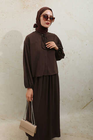Yakası Bağcıklı Gömlek Etek Takım Acı Kahve - 10