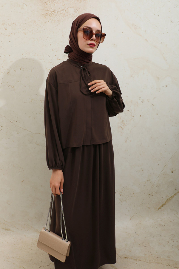 Yakası Bağcıklı Gömlek Etek Takım Acı Kahve - 10