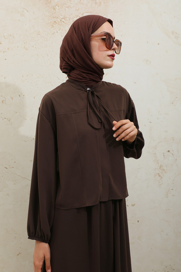 Yakası Bağcıklı Gömlek Etek Takım Acı Kahve - 11