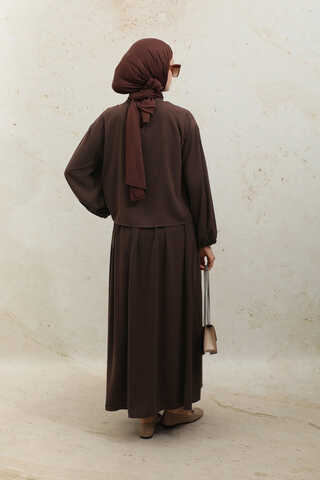 Yakası Bağcıklı Gömlek Etek Takım Acı Kahve - 12