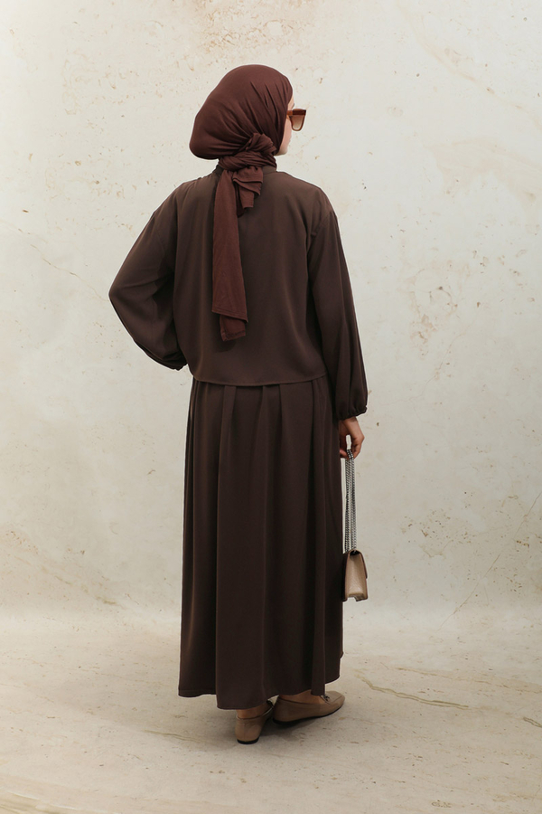 Yakası Bağcıklı Gömlek Etek Takım Acı Kahve - 12