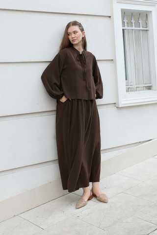 Yakası Bağcıklı Gömlek Etek Takım Acı Kahve - 2