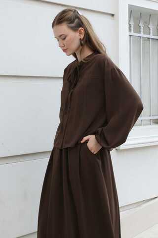 Yakası Bağcıklı Gömlek Etek Takım Acı Kahve - 1