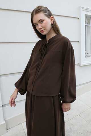 Yakası Bağcıklı Gömlek Etek Takım Acı Kahve - 3