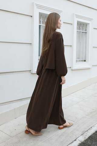 Yakası Bağcıklı Gömlek Etek Takım Acı Kahve - 4