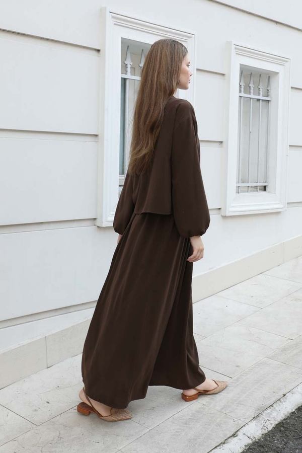 Yakası Bağcıklı Gömlek Etek Takım Acı Kahve - 4