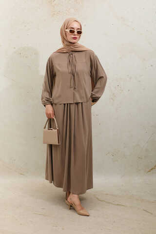 Yakası Bağcıklı Gömlek Etek Takım Açık Taba - 4