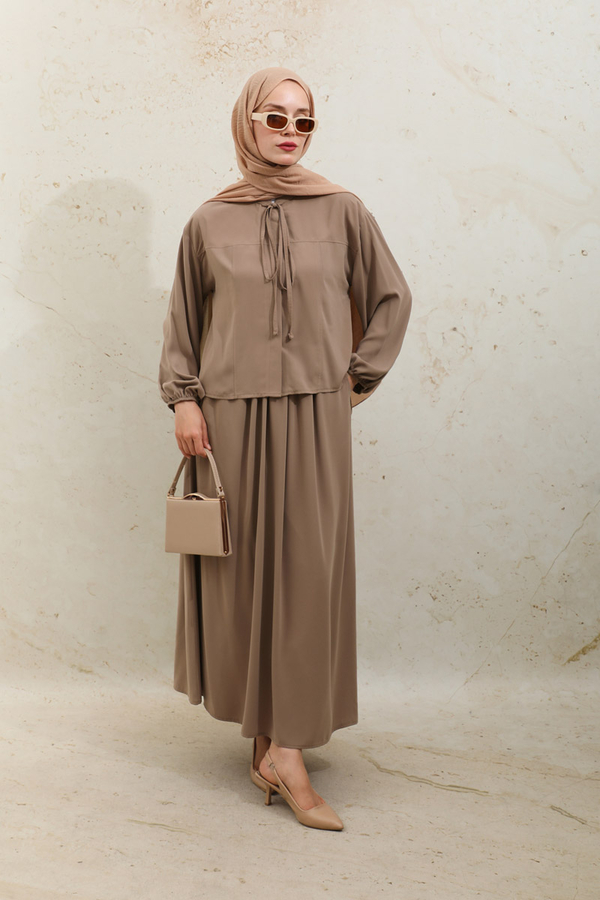 Yakası Bağcıklı Gömlek Etek Takım Açık Taba - 4