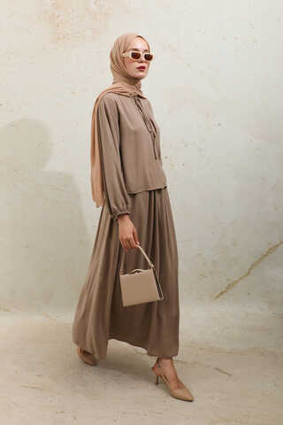 Yakası Bağcıklı Gömlek Etek Takım Açık Taba - 5