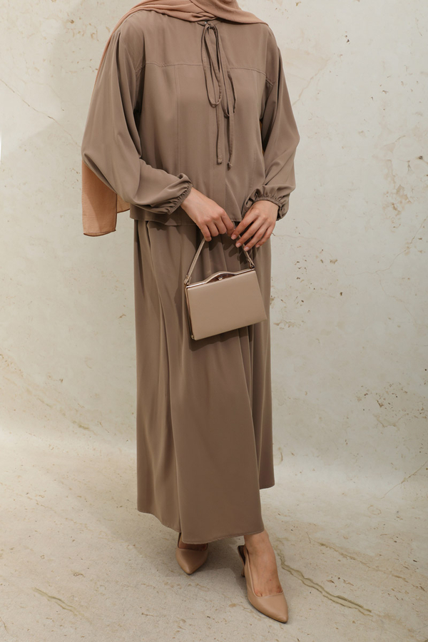 Yakası Bağcıklı Gömlek Etek Takım Açık Taba - 6