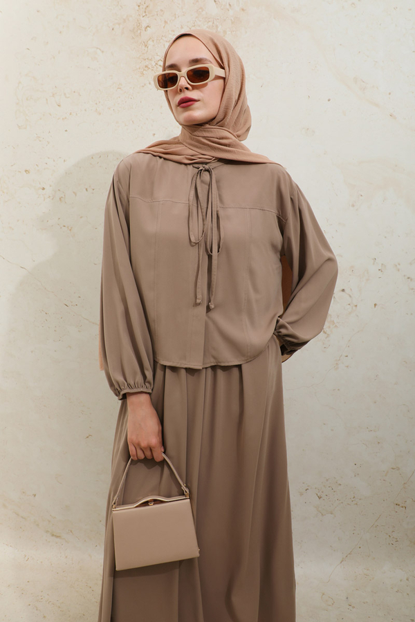 Yakası Bağcıklı Gömlek Etek Takım Açık Taba - 3