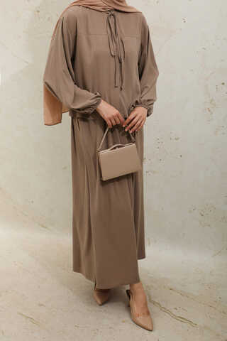 Yakası Bağcıklı Gömlek Etek Takım Açık Taba - 6