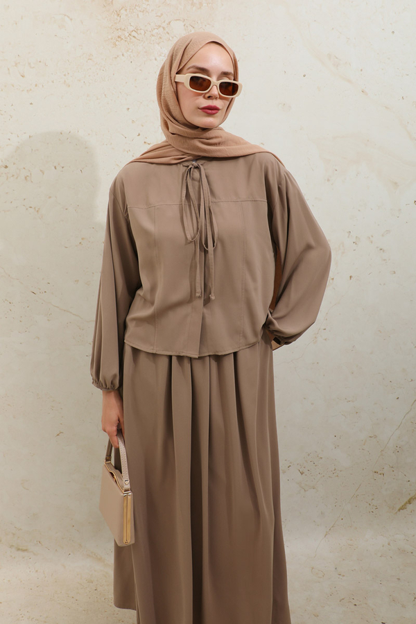 Yakası Bağcıklı Gömlek Etek Takım Açık Taba - 7