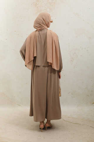 Yakası Bağcıklı Gömlek Etek Takım Açık Taba - 8