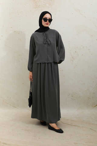 Yakası Bağcıklı Gömlek Etek Takım Füme - 5