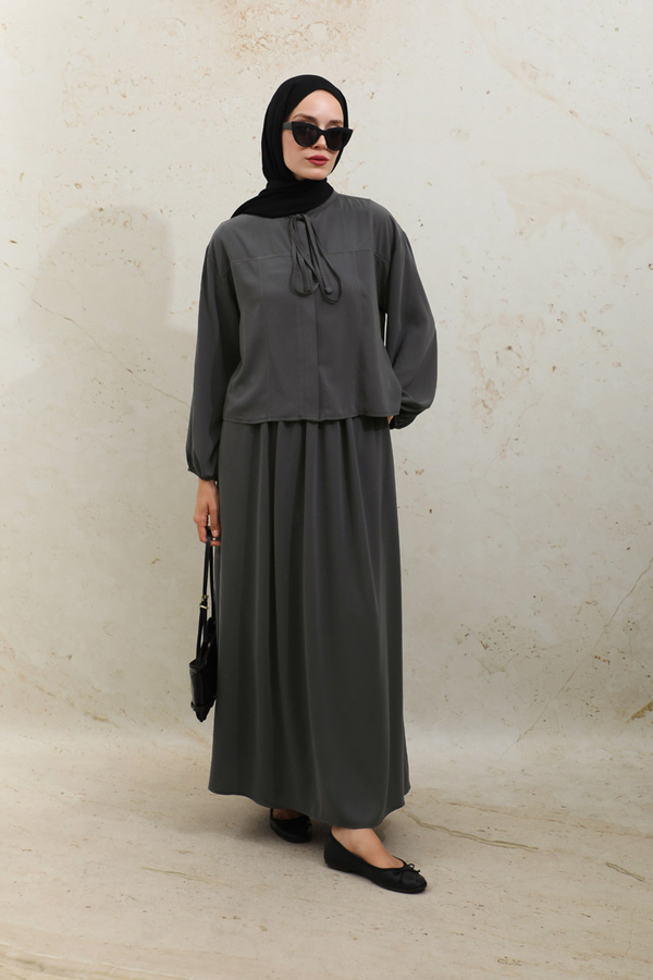 Yakası Bağcıklı Gömlek Etek Takım Füme - 5