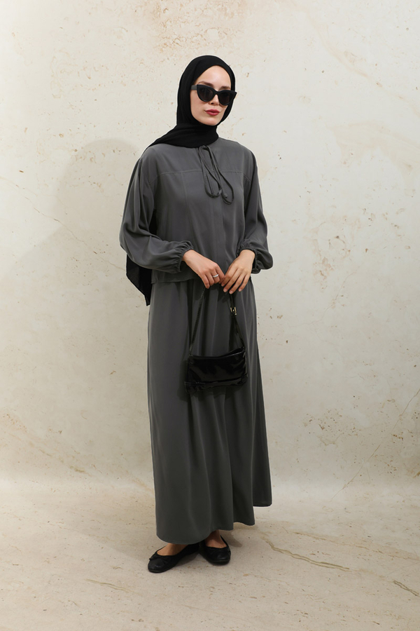 Yakası Bağcıklı Gömlek Etek Takım Füme - 6