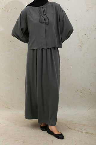 Yakası Bağcıklı Gömlek Etek Takım Füme - 7