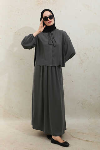 Yakası Bağcıklı Gömlek Etek Takım Füme - 8