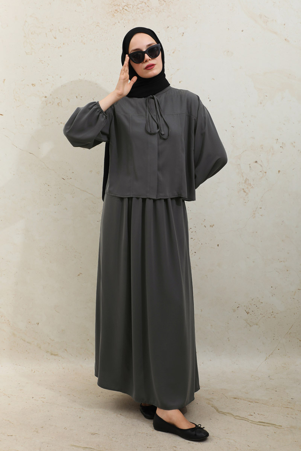 Yakası Bağcıklı Gömlek Etek Takım Füme - 8