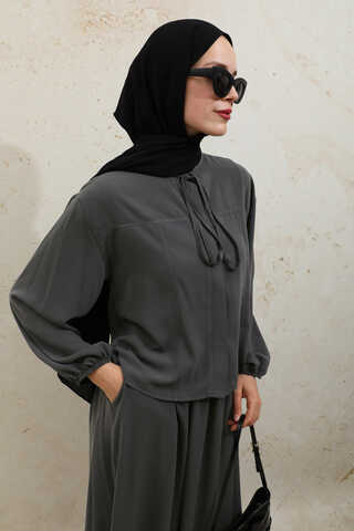 Yakası Bağcıklı Gömlek Etek Takım Füme - 9