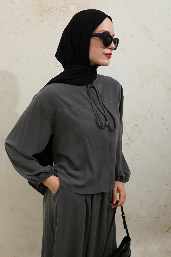 Yakası Bağcıklı Gömlek Etek Takım Füme - 9