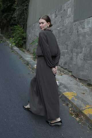 Yakası Bağcıklı Gömlek Etek Takım Füme - 3