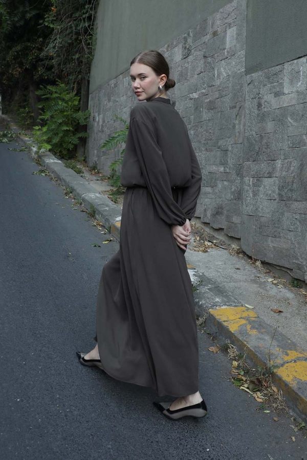 Yakası Bağcıklı Gömlek Etek Takım Füme - 3