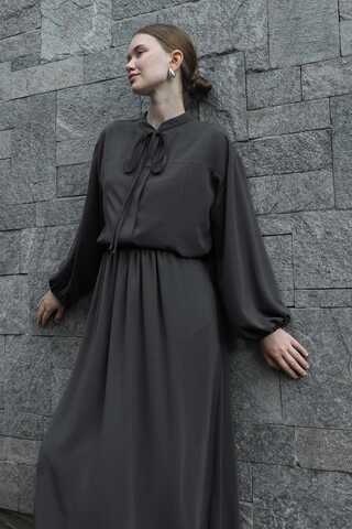 Yakası Bağcıklı Gömlek Etek Takım Füme - 1