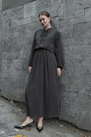 Yakası Bağcıklı Gömlek Etek Takım Füme - 2