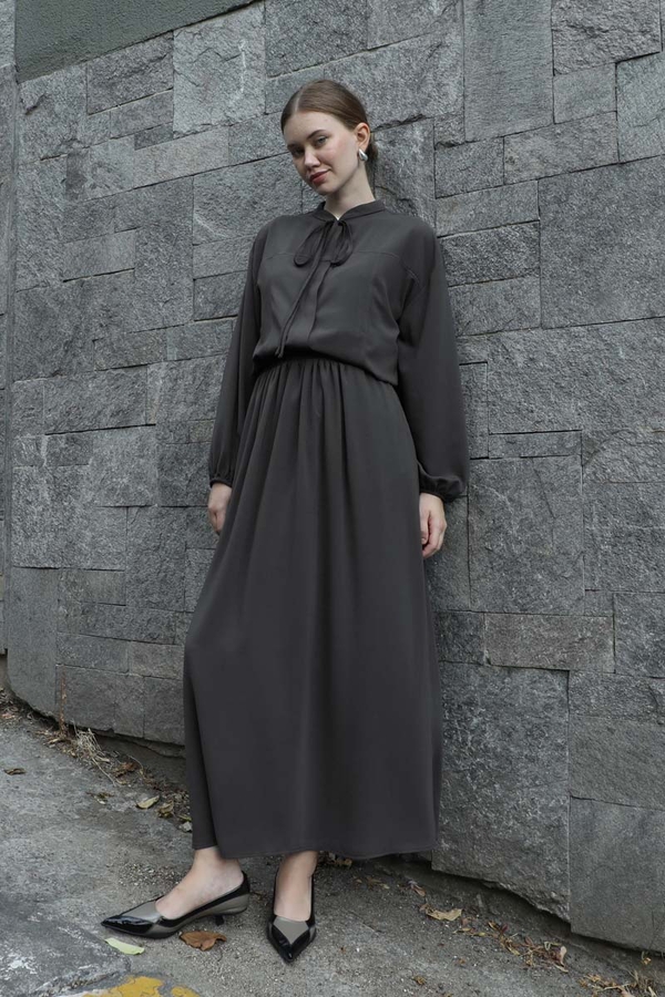 Yakası Bağcıklı Gömlek Etek Takım Füme - 2