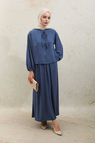 Yakası Bağcıklı Gömlek Etek Takım İndigo - 3