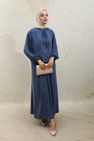 Yakası Bağcıklı Gömlek Etek Takım İndigo - 4