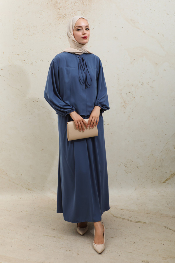 Yakası Bağcıklı Gömlek Etek Takım İndigo - 4