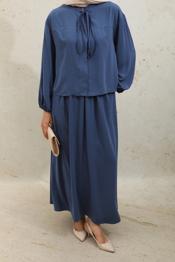 Yakası Bağcıklı Gömlek Etek Takım İndigo - 5