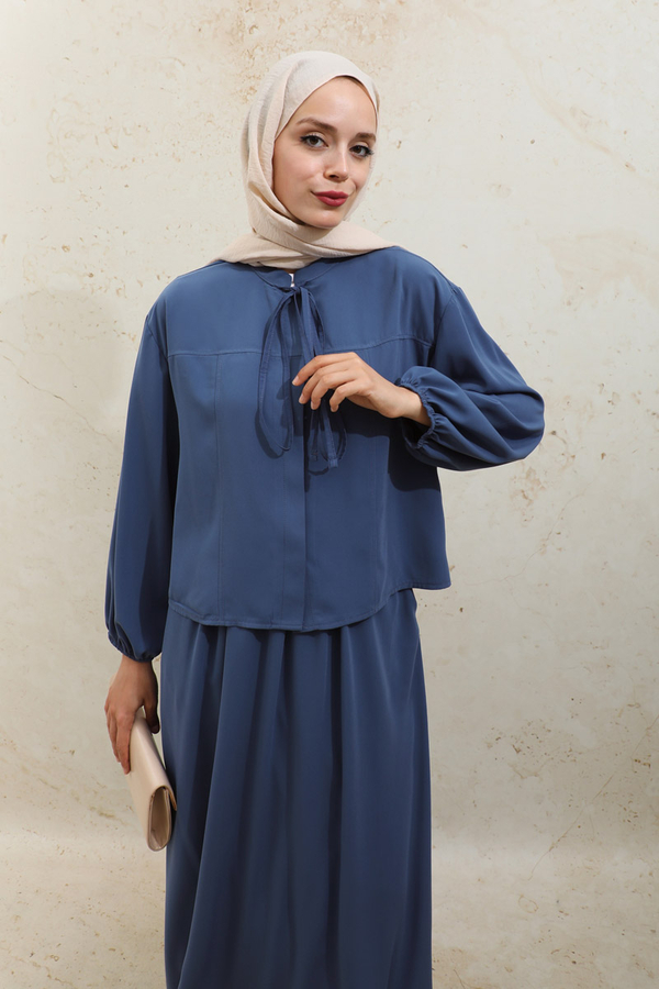 Yakası Bağcıklı Gömlek Etek Takım İndigo - 6