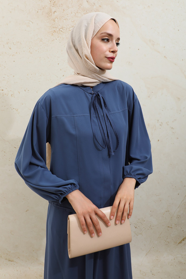 Yakası Bağcıklı Gömlek Etek Takım İndigo - 7