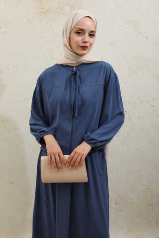 Yakası Bağcıklı Gömlek Etek Takım İndigo - 8