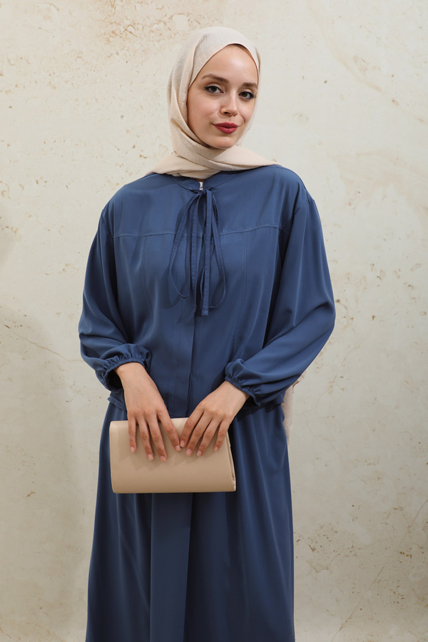 Yakası Bağcıklı Gömlek Etek Takım İndigo - 8