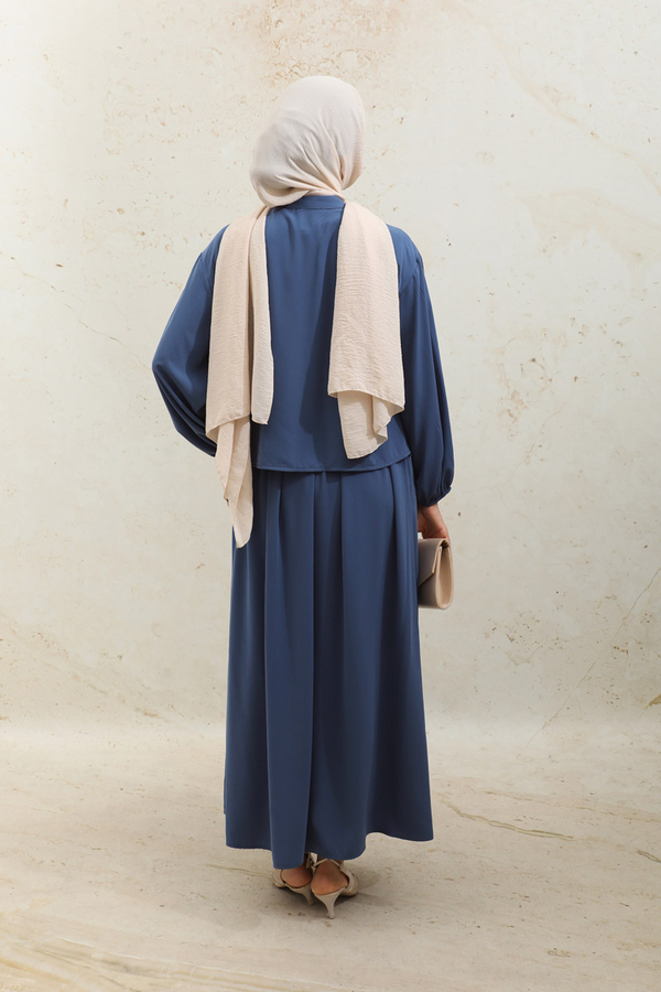 Yakası Bağcıklı Gömlek Etek Takım İndigo - 9