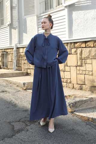 Yakası Bağcıklı Gömlek Etek Takım İndigo - 1