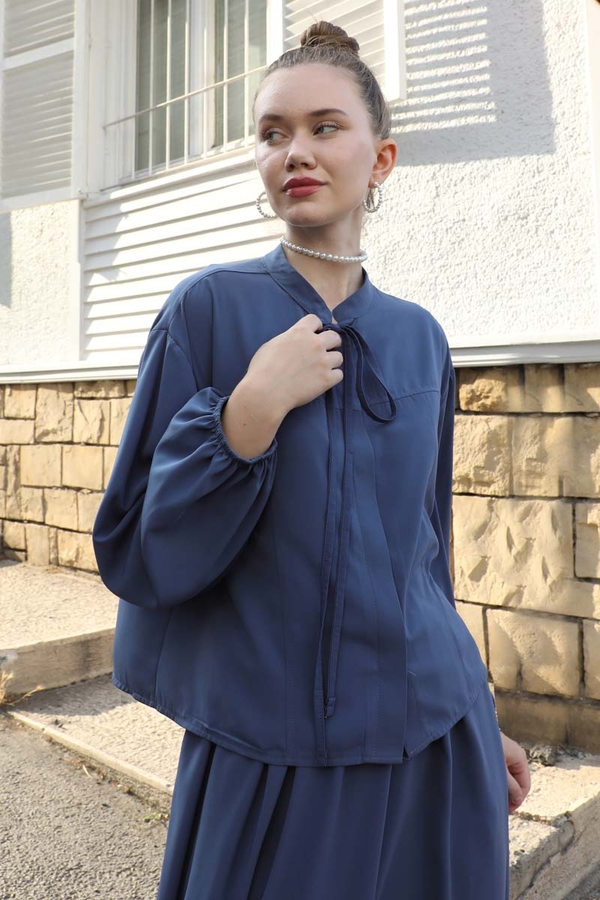 Yakası Bağcıklı Gömlek Etek Takım İndigo - 2