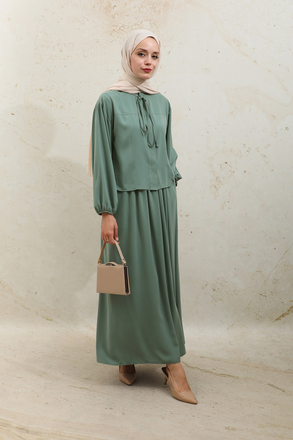 Yakası Bağcıklı Gömlek Etek Takım Mint - 3